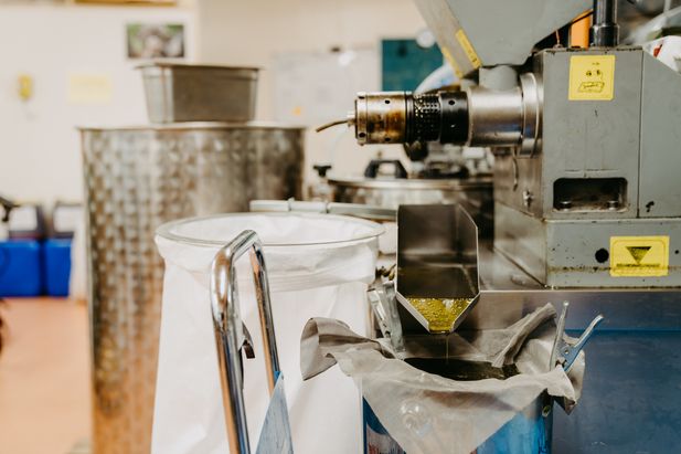 Industrielle &Ouml;lpresse in einer Produktionshalle. Aus einer Metall&ouml;ffnung flie&szlig;t gelbliches &Ouml;l in einen Auffangbereich mit Filtertuch. Im Hintergrund stehen gro&szlig;e Edelstahlbeh&auml;lter.