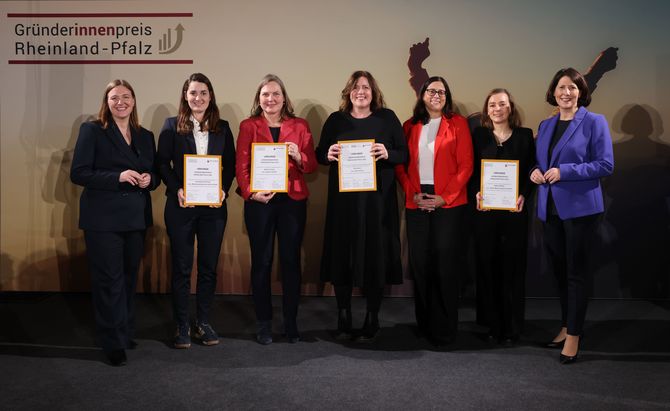 Sieben Personen stehen auf einer Bühne vor einem Banner mit der Aufschrift „Gründerinnenpreis Rheinland-Pfalz“. Vier Personen halten gerahmte Urkunden in den Händen. Die Gruppe ist in Businesskleidung gekleidet, und der Hintergrund zeigt ein grafisches Motiv mit erhobenen Armen.